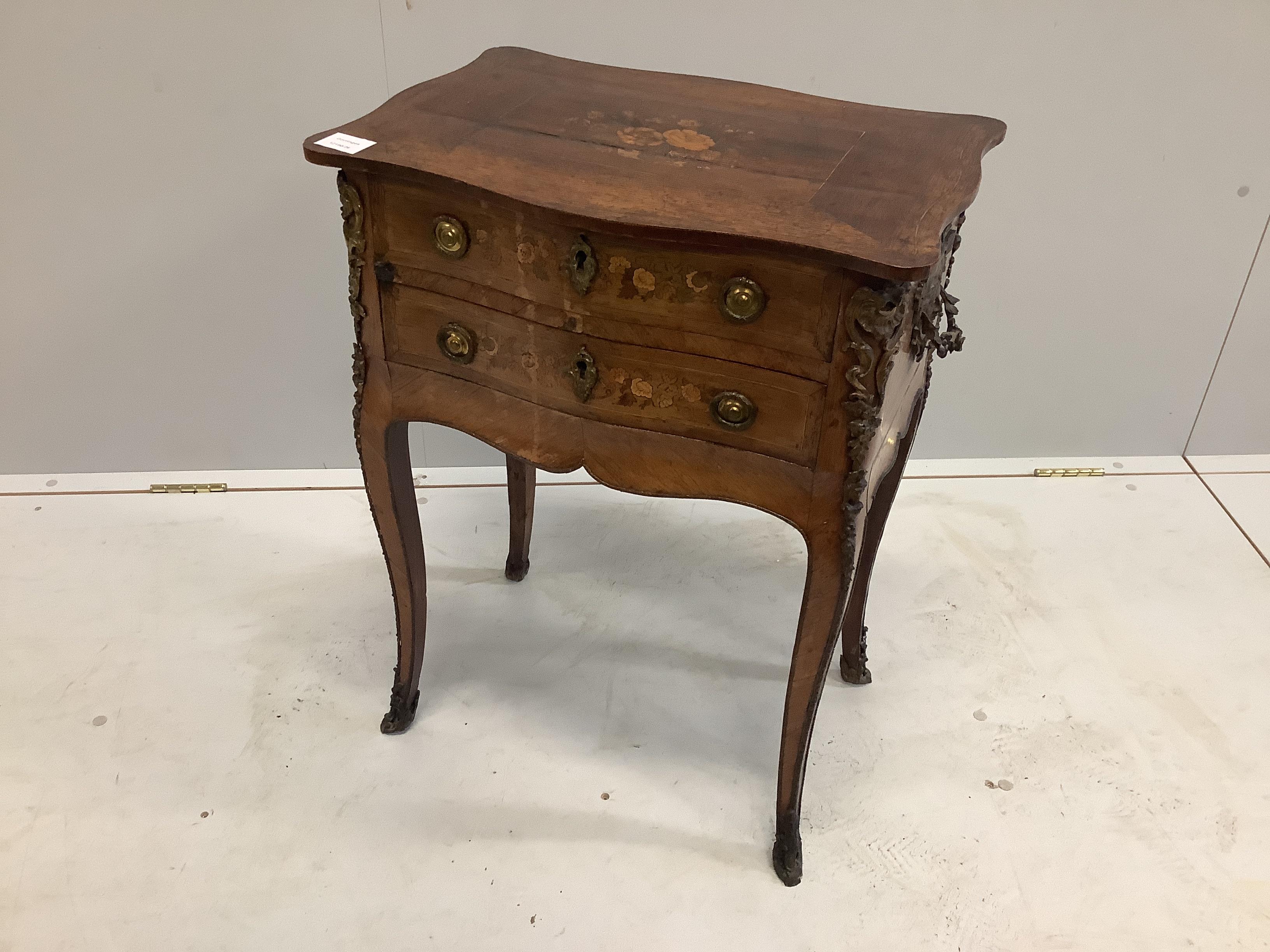 A French marquetry inlaid serpentine side table fitted with two drawers, width 53cm, depth 35cm, height 70cm